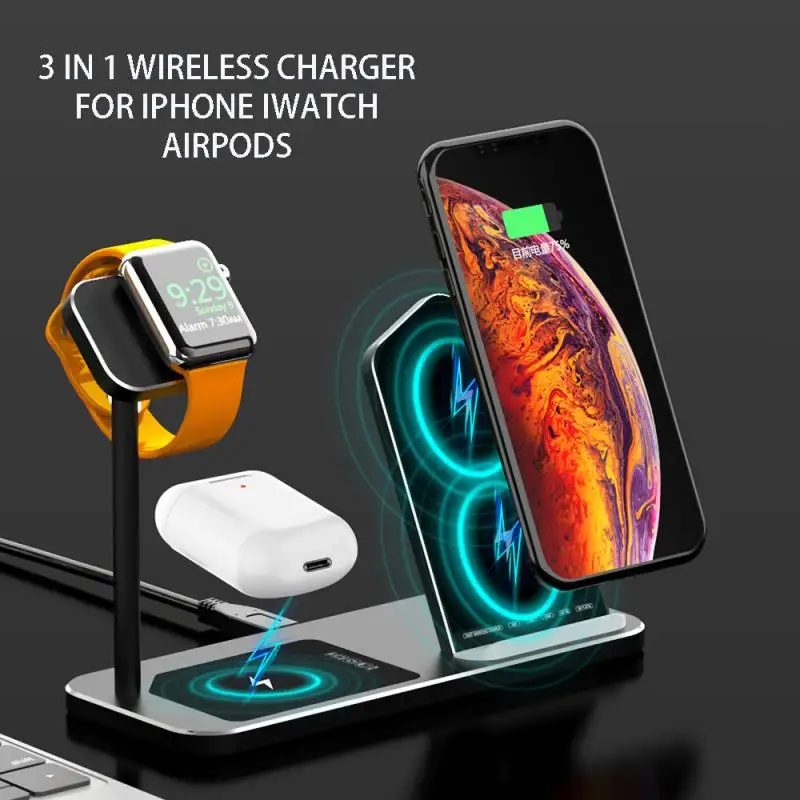 Для Airpods Pro IWatch Series 5 IPhone 11 беспроводное быстрое зарядное устройство три в одном из алюминиевого сплава Подставка для зарядки док-станция