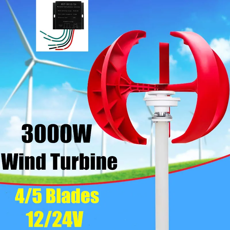 

3000W Wind Turbines Generator Lantern 4/5 Blades Option Motor Kit 12/24V Vertical Axis + Controller For Home Hybrid Streetligt