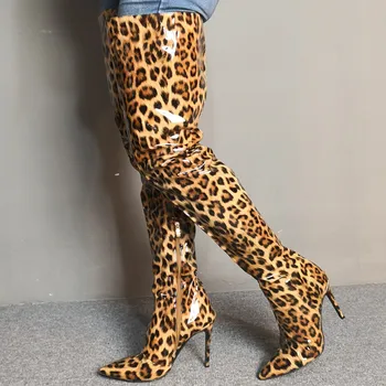 

Prova Perfetto 2020 Luxury Leopard Print Women Over-the-knee Boots Sexy High Heels Pointed Toe Long Boots Leather Slip on Shoes