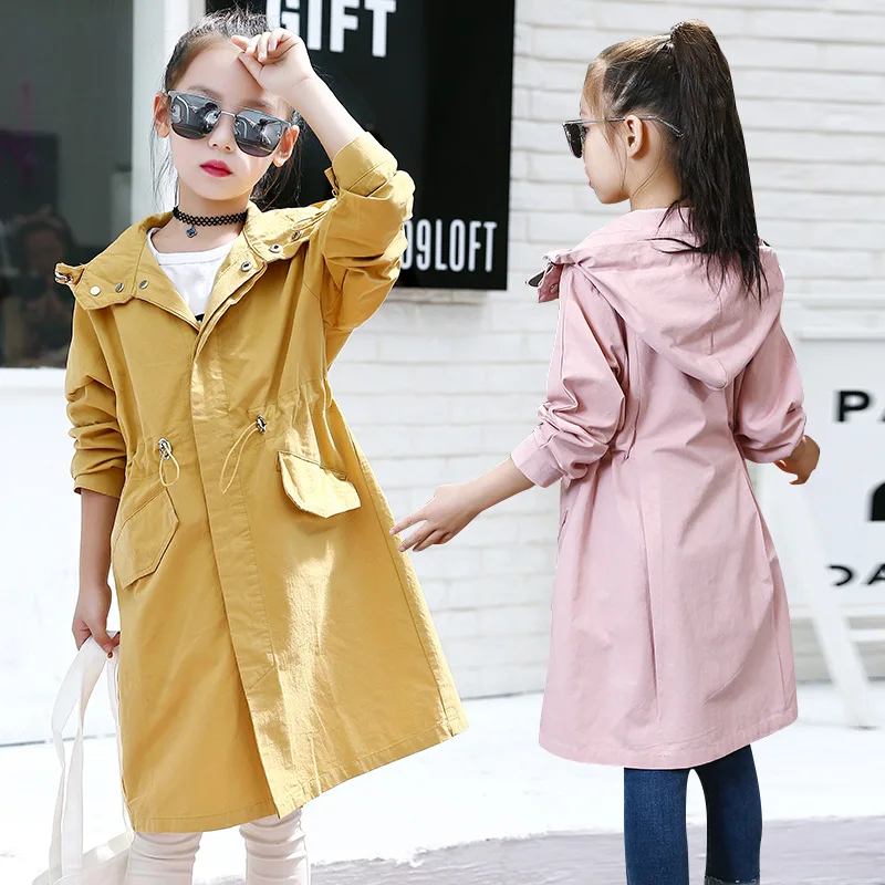 

Childrenswear Girls Mid-length Waist Hugging Trench Coat Spring And Autumn New Style Korean-style Windproof Warm Hooded CHILDREN