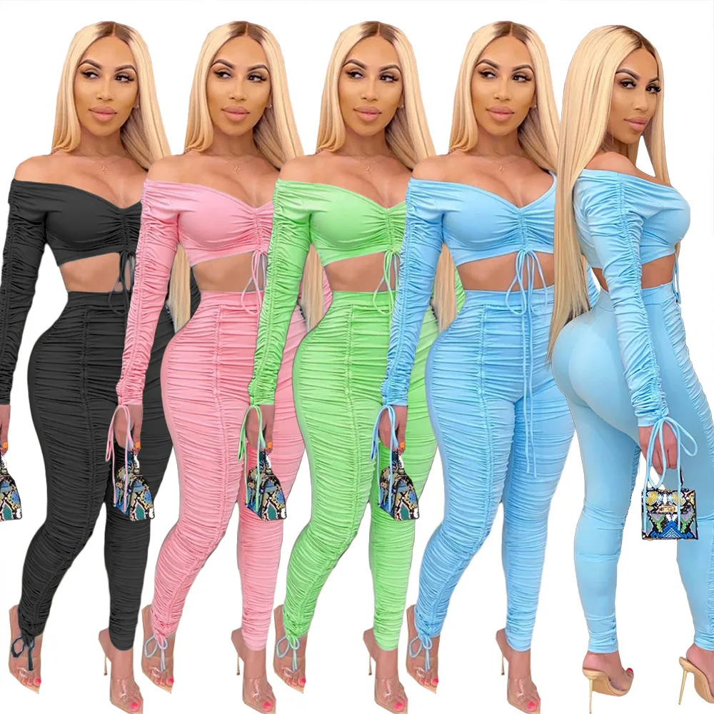 

Sexy Women Two Piece Set Strapless Shorts Top And Pleated Pants Two Piece Outfits Tracksuit Matching Sets