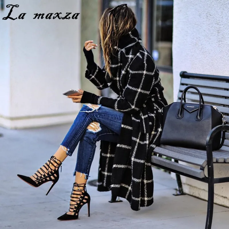 Корейский стиль зима плюс размер женское длинное пальто шерстяное клетчатое