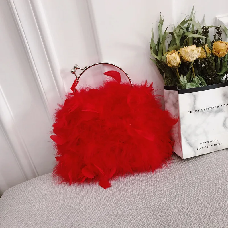 Korean Soft Feather Ring Evening Handbag Women Fashion Shoulder Chain Bag Small Purse And Handbags Pink Red Female Bolso Mujer 