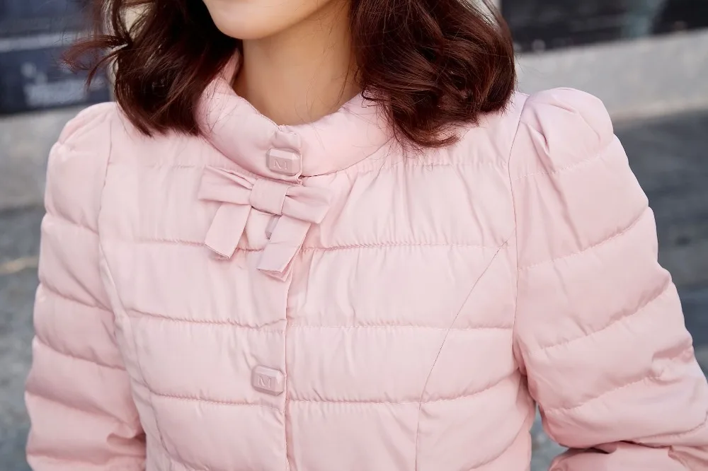 Хлопковые куртки зима новая стильная стойка воротник бант Настоящий мех кролика длинный рукав толстые женские хлопковые пуховики