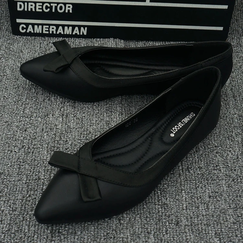 Ladies Bow Leather Flat Shoes Woman Pointed Toe Ballet Flats Women's Slip On Loafers Soft Moccasins Female Maternity Work Shoes