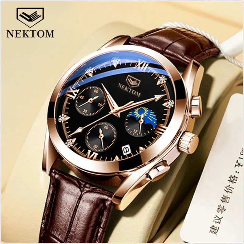 Men's Real Belt Quartz Watch Luminous Waterproof Calendar Men's Watch With Diamond Face Non Mechanical Student Fashion Watch