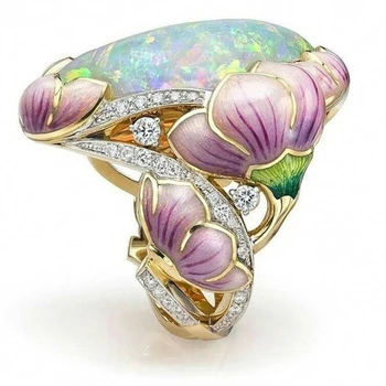 

Trendy New Flower Lotus Leaves Opal Stone Ring Fashion Jewelry Yellow Gold Crystal Painting Statement Rings for Women Z5P746