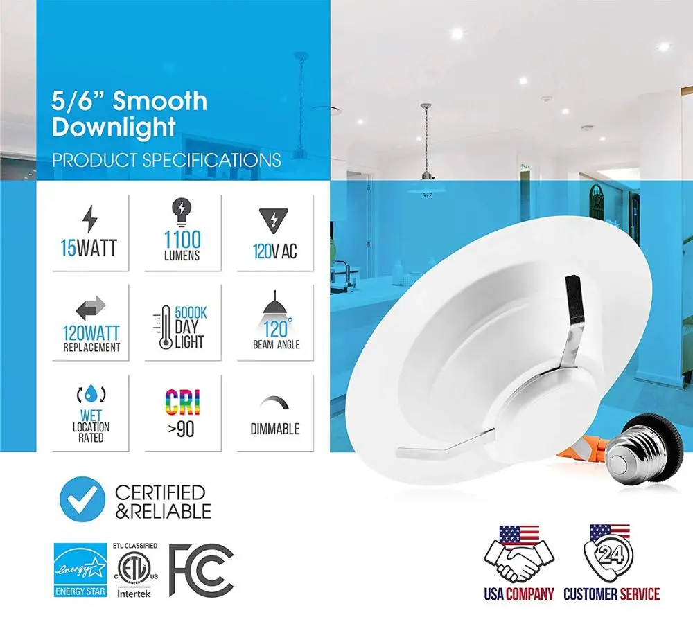 12 Pack) 5/6 inch Dimmable LED Recessed Retrofit Downlight, 15W(120W Replacement), Easy Installation, 1100lm, 1100Lm, Energy S