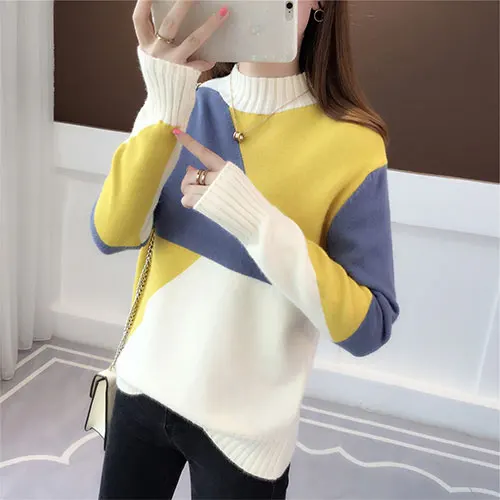 Женский вязаный свитер с длинным рукавом TIGENA, прекрасный Контрастный цвет пуловер, водолазка, джемпер для женщин на осень-зиму - Цвет: White Collar