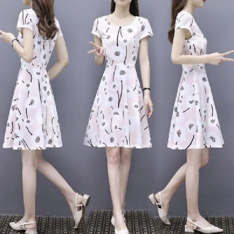 

2020 Summer New Style Korean-style Trend Dress Female Version of Floral-Print Chiffon Slim Fit Elegant Mid-length Short-sleeve D