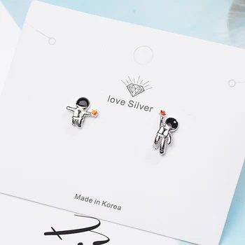 

925 Sterling Silver Cute Sky Space Astronauts Small Asymmetric Stud Earrings With Crystal For Women Girl Gift 925 S-E919