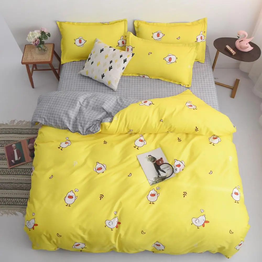 

Cartoon duck printing twin Size Bedding Set yellow and gray AB side unique 4pcs bed set kids Single BedClothes cute Quilt Cover