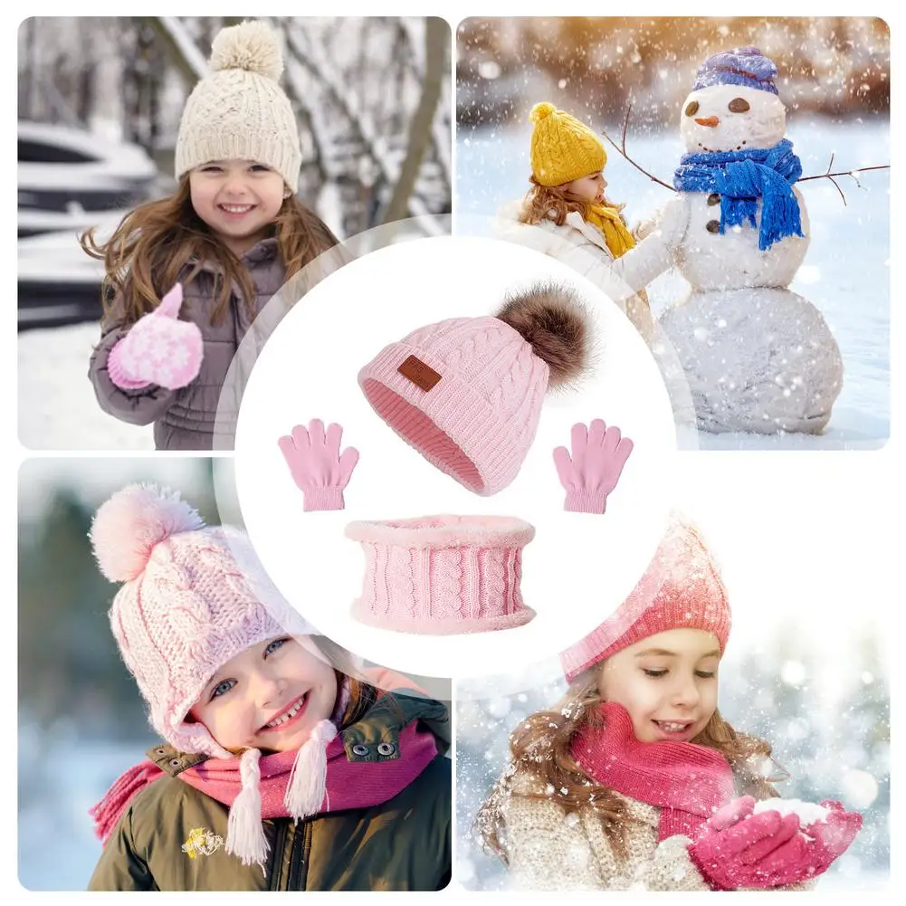 Toddler Winter Hat Scarf Hat And Gloves Set Toddlers Mittens 3Pcs Kids Winter Knitted Scarf Gloves Set For Girl Boys Ages