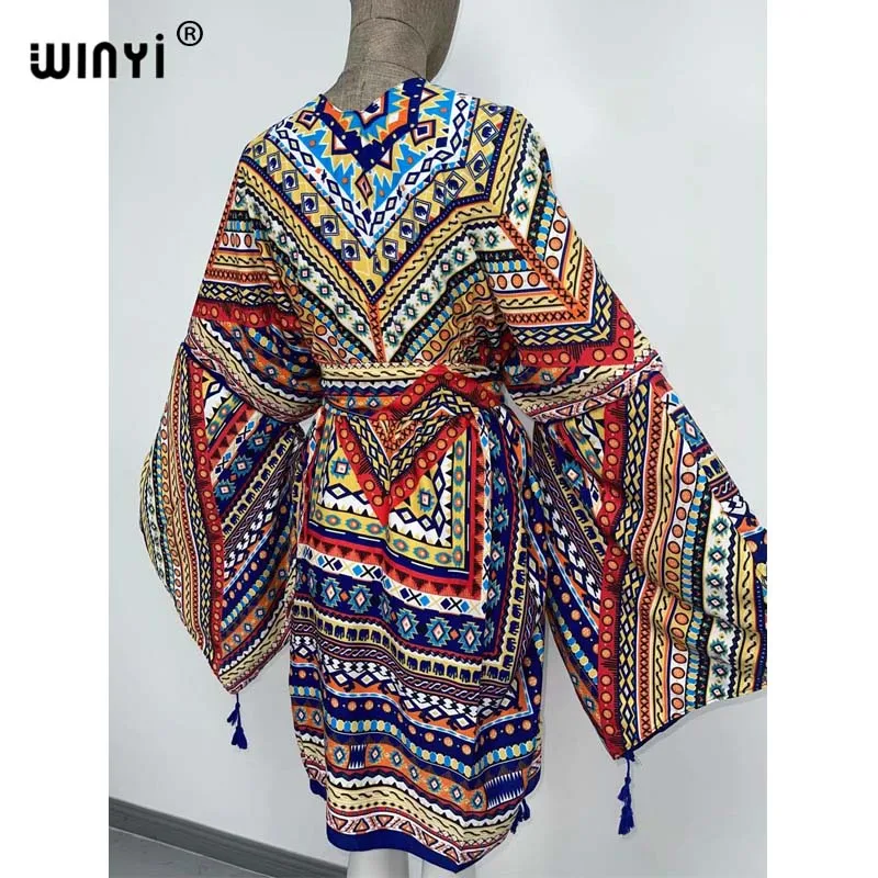 2021 WINYI new Cotton Bikini Sweet Lady Pink Boho Print Self Belted Front Open Long Kimono Dress Beach Tunic Women Wrap Dresses bathing suit with matching cover up