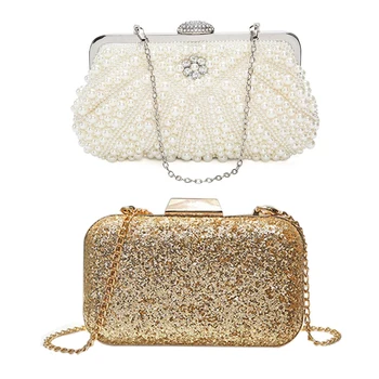 

AUAU-Women Evening Bag Diamond Rhinestone Clutches Crystal Bling Clutch Bag(Gold) & Women Pearl Clutch Bags Evening Bag White