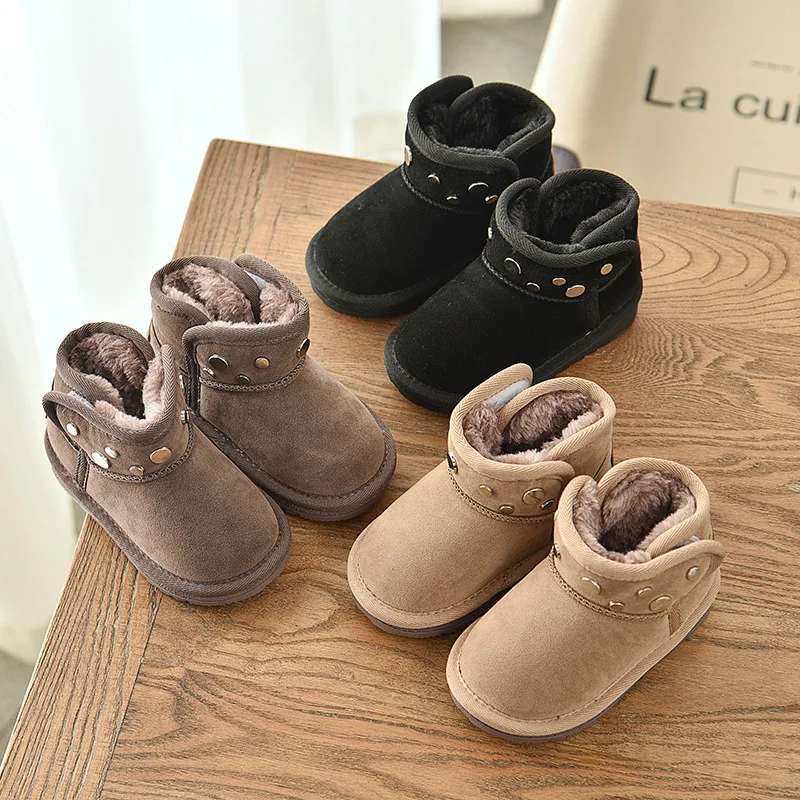 Children's Snow Boots Girls Boots New Autumn Winter Rivets Plus Velvet Non-slip Booties Boys Cotton Shoes Thick Girls Boots B437