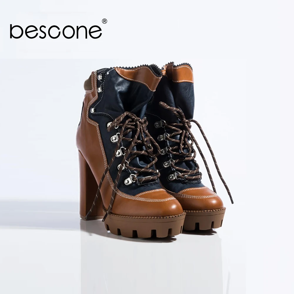 BESCONE Fashion Women platform Ankle Boots Round Toe Lace-Up Super High Heel Shoes New Mixed Colors Square Heel Lady Boots H3