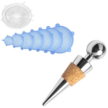 

4Pcs Stainless Steel Wine Stopper Vacuum Sealed Bottle Stoppers & 14Pcs Silicone Stretch Lids 7 Different Sizes Flexible