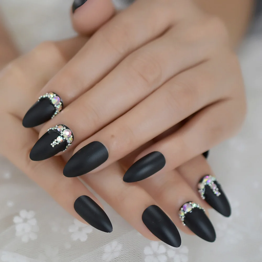 

Black Customized Rhinestone Fake Nail Matte Stiletto Fashion False Nail Tips Sharp Unique Full Cover Acrylic Nails Set
