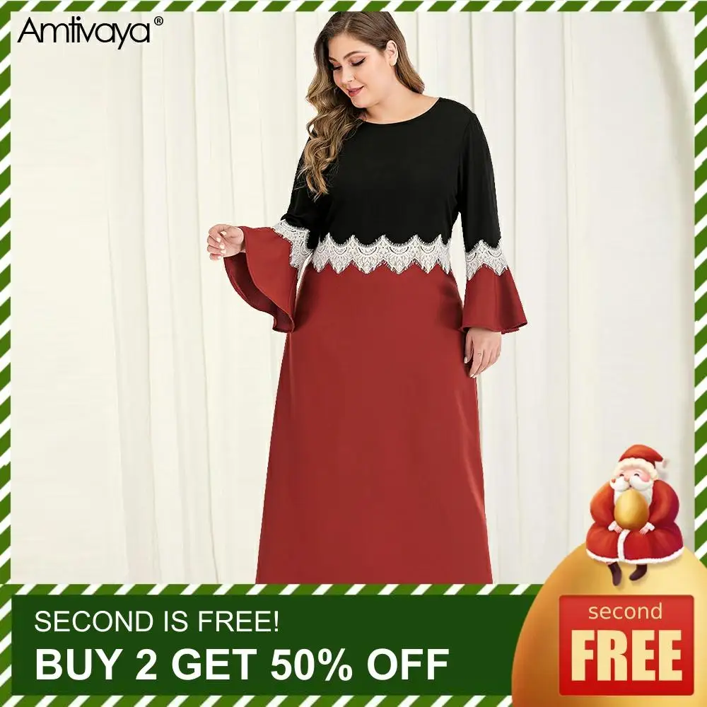 Amtivaya Plus Size Dresses Elegant O Neck Flare Long Sleeve Midi Dress Fashion Lace Color Block Large Size Women Wears Fall