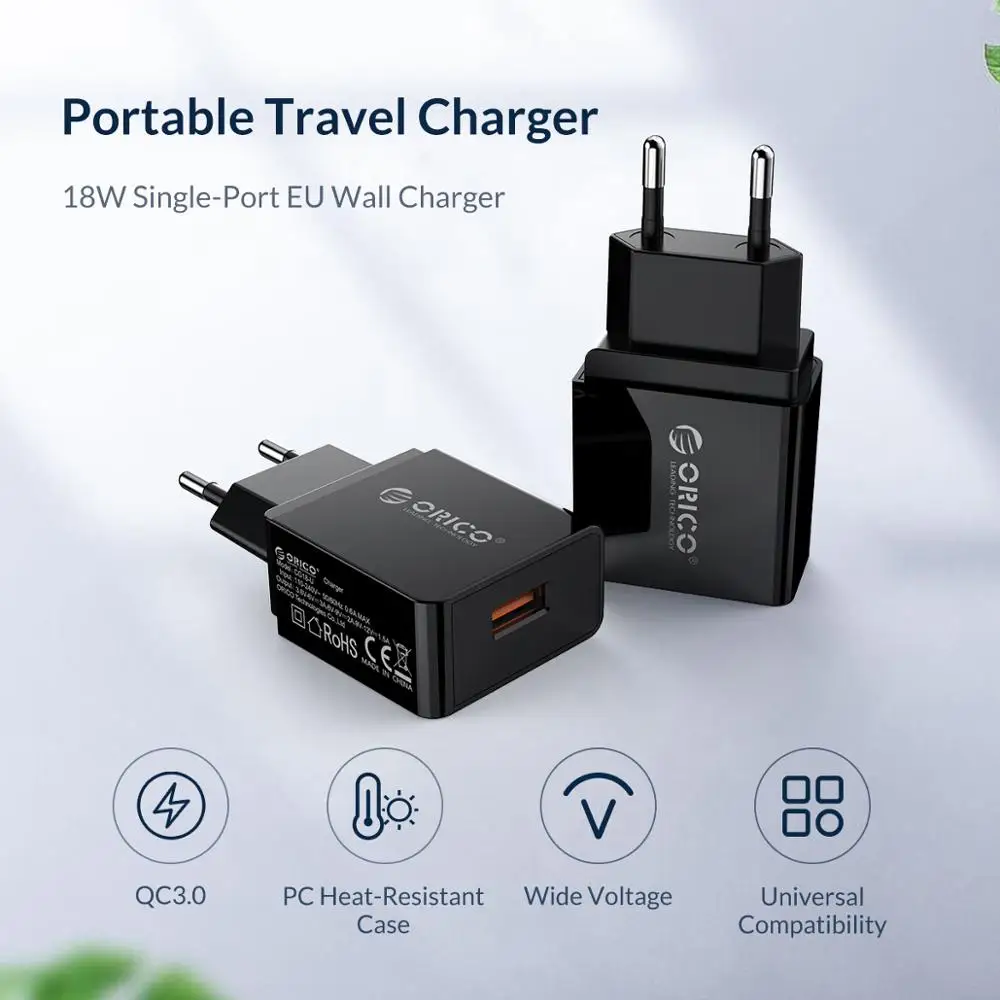 ORICO QC3.0 USB зарядное устройство для путешествий 18 Вт QC3.0 2,0 Быстрый Мобильный телефон ЕС вилка настенное зарядное устройство адаптер для Xiaomi iPhone samsung huawei