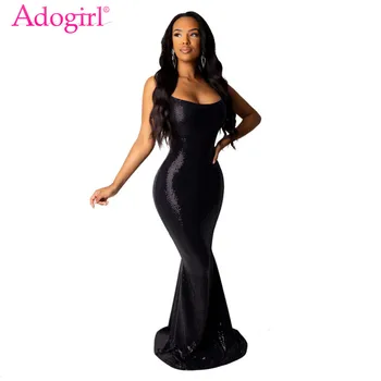 

Adogirl Black Sequins Mermaid Dress Elegant Women Sexy Spaghetti Straps Bodycon Maxi Evening Party Dress Robe Long Vestidos