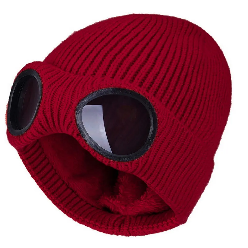 Men Women Winter Acrylic Knitted Warm Goggles Hats Skullies Beanies Plus Plush Thicker Warmer Bonnet Ladies Casual Cap R82 skullies men Skullies & Beanies