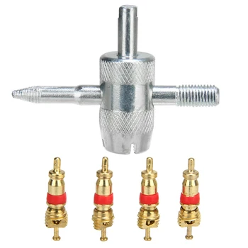 

5pcs/set Car 4 Way Tire Valve Repair Tool Set Car Bicycle Wheel Valve Remover Valve Stem Cores Kit