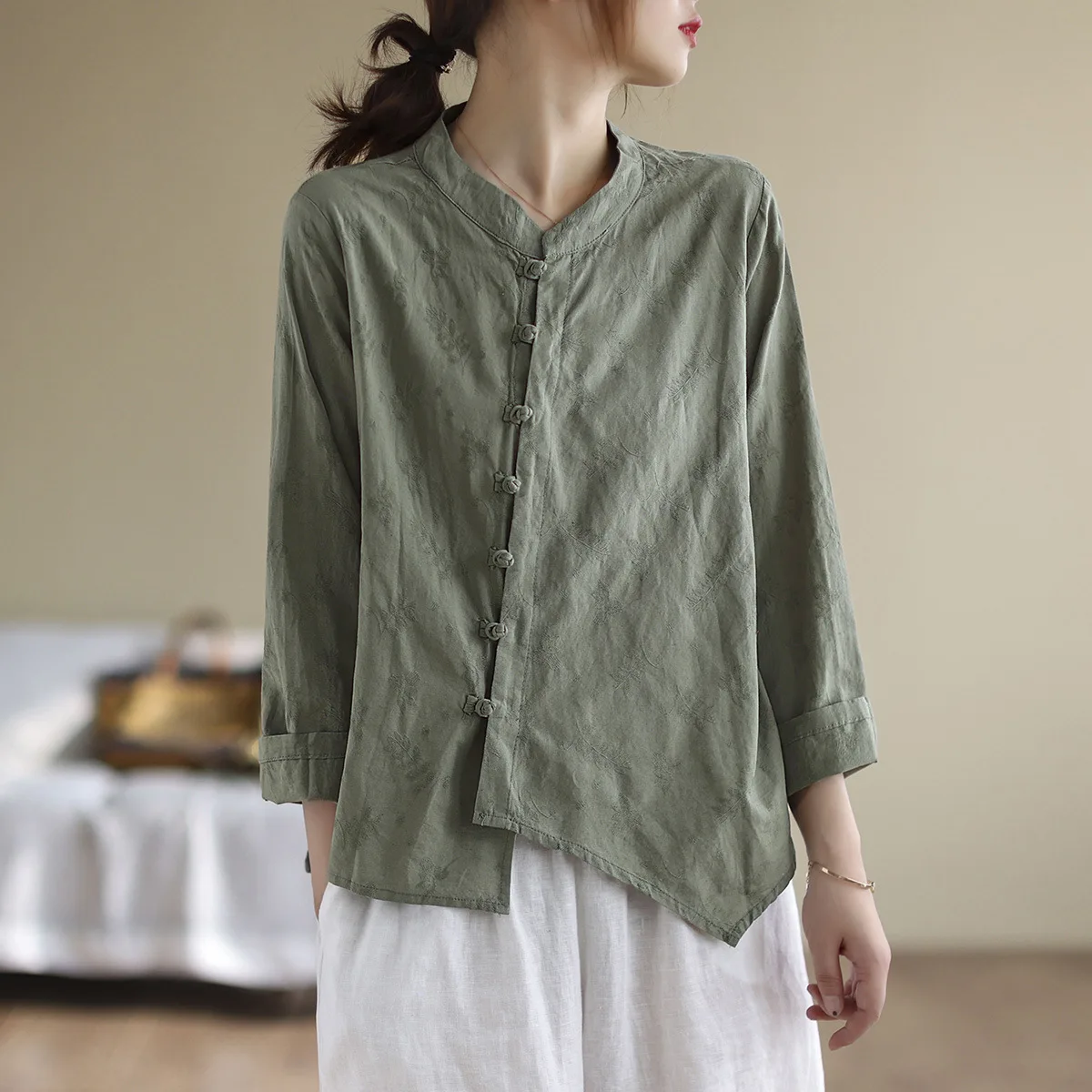 Johnature Women Vintage Jacquard Cotton Linen Shirt Solid Color ...