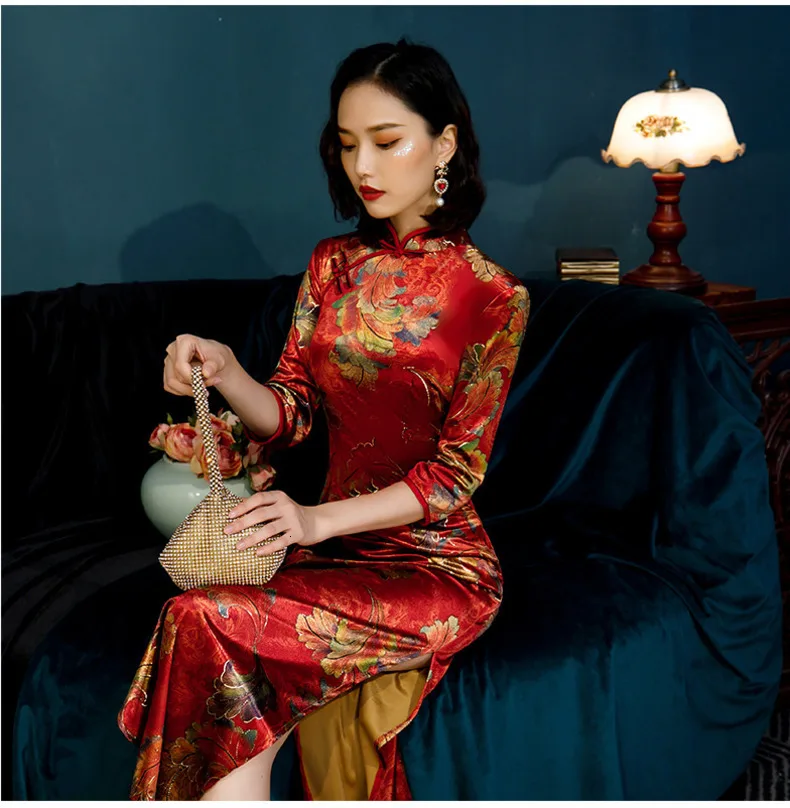 Sheng Coco женское бархатное платье с принтом Cheongsam Qipao, китайское свадебное платье с длинным рукавом, вечерние платья, Длинные вечерние платья 4XL 5XL