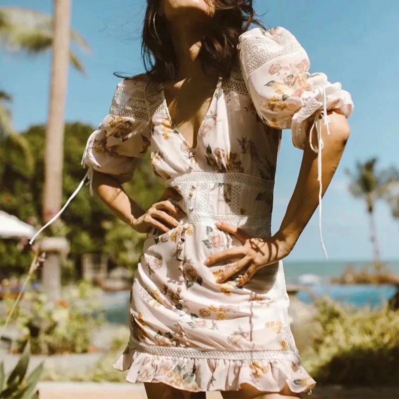 Vintage Flora Printed Lace Dress Women Half Sleeve V Neck Party Dress Chiffon Mesh Patchwork Dresses Vestidos de Verano