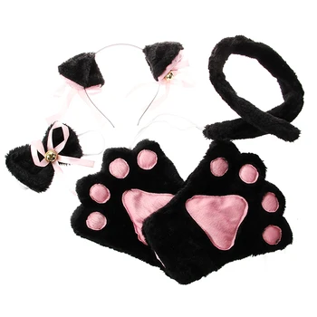 

Black Pink Cat Cosplay Set Paw Claw Gloves Ear Hairclip Tail Bow Tie Costume