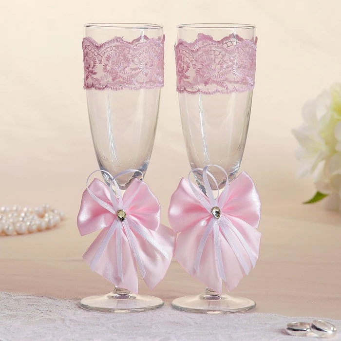 Набор свадебных бокалов &quotЭлит&quot с бантом розовые 1824783 | Дом и сад