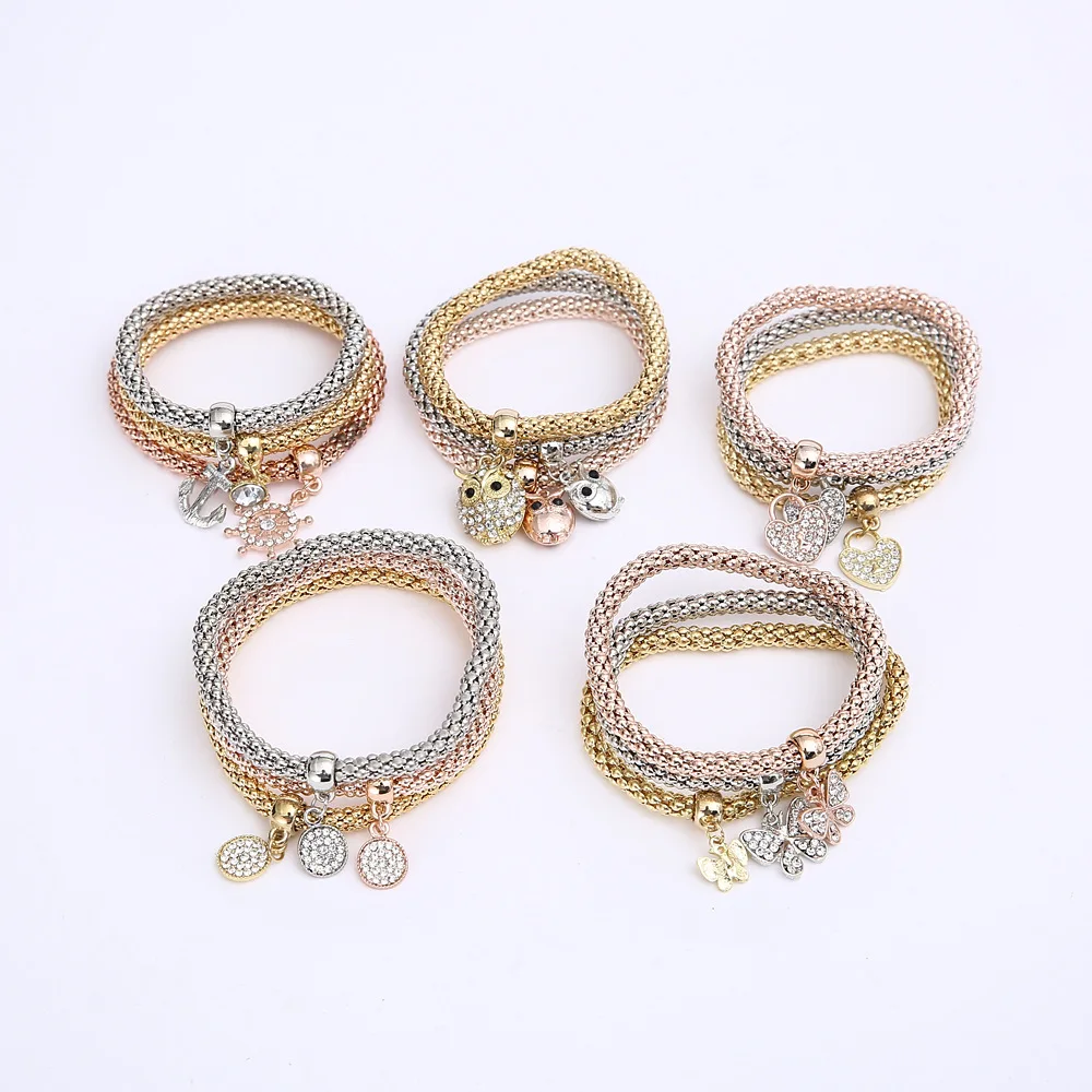 3 шт./компл. с кристальной совой; сердечка Браслеты& Bangles, золото/серебро Цвет Корона Подвески, цинковый сплав, стразы браслет для Для женщин