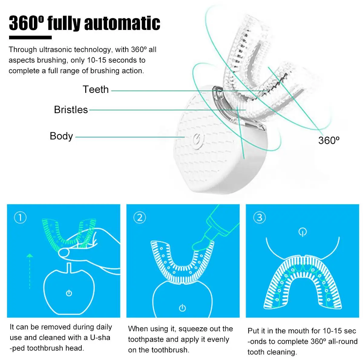 360 Degrees Intelligent Automatic Sonic Electronic Toothbrush USB Rechargeable U Shape with 3 Modes Timer Blue Light Toothpaste 360 Degrees Intelligent Automatic Sonic Electronic Toothbrush USB Rechargeable U Shape with 3 Modes Timer Blue Light Toothpaste