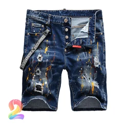 DSQ2 pantalones cortos rasgados con tinta de salpicaduras para hombre, Vaqueros cortos de alta calidad, moda de Hip Hop dsq