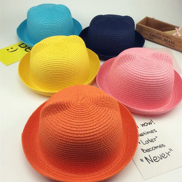 Boys Cap Girls Sun Hat Summer Children Panama Sun Hat Children Ear Decoration Solid Kid Floppy Panama sun hat sun protection hat