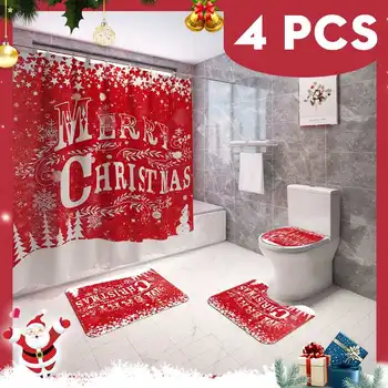

ECSEE Christmas 4 PCS Waterproof Shower Curtains Polyester Christmas Bathroom Accessories Set with Hooks Non-slip Soft