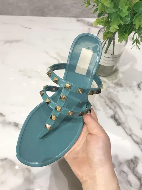 Summer Beach Sandals Woman Flip Flops PVC Slides Female Sandals Rivet Bowknot Slip on Flat with Women Studs Slippers Jelly Shoes blue