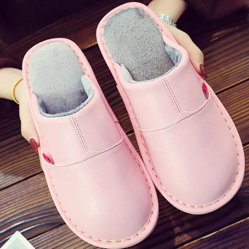 Домашние тапочки; мужская кожаная зимняя обувь; короткие плюшевые тапочки на плоской подошве; Мужская зимняя домашняя обувь; большие размеры 35-46; - Цвет: Pink