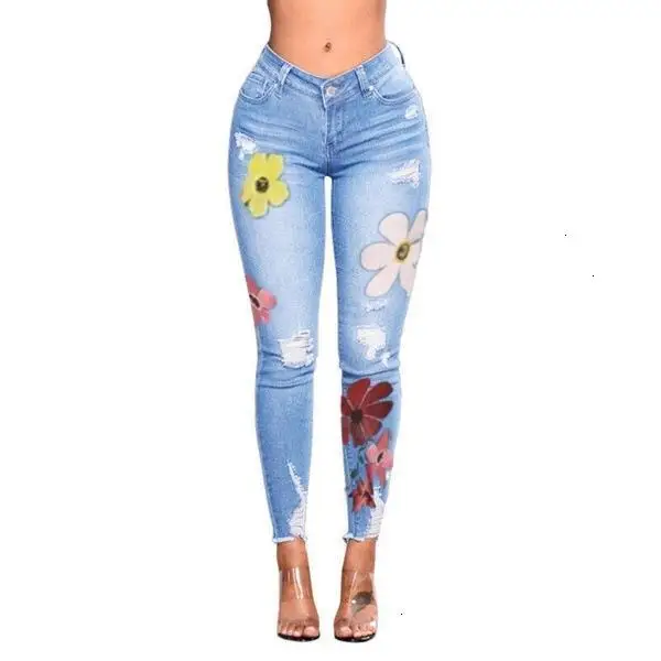 Mode Vrouwen джинсы с цветочным принтом Джинсы бойфренда со средней посадкой Broek Gat Herfst