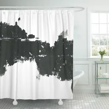 

Abstract Ink Marble Black Paint Stroke on White Game Shower Curtain Waterproof Polyester Fabric 72 x 78 inches Set with Hooks