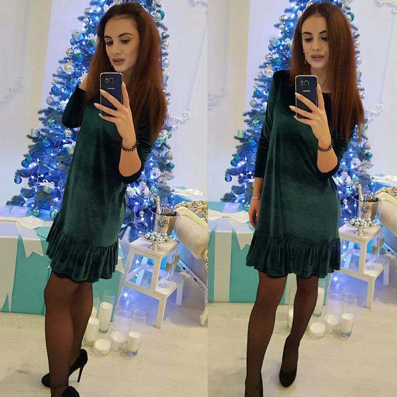 

2019 Women New O-neck Solid color A-Line dress Autumn winter Fashion Vintage VelvetKeep warm elegant Ruffle Big pendulum dresses