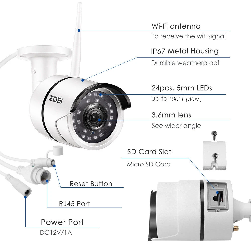 ZOSI 1080P Wifi IP камера Onvif 2.0MP HD наружная Водонепроницаемая инфракрасная камера ночного видения для видеонаблюдения