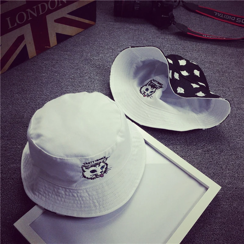 New Panama Bucket Hat Summer Women Hip Hop Caps Autumn 2018 Two Side Reversible harajuku Cat Embroidery Fishing Hats Gift | Аксессуары