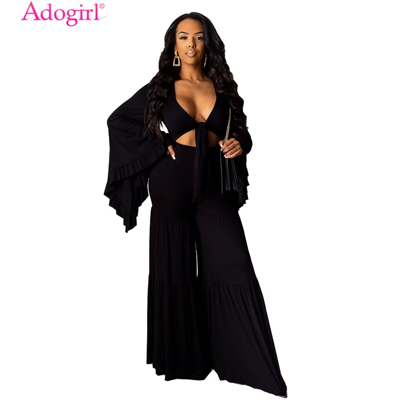 black 2 piece set Adogirl размера плюс S-3XL, Одноцветный женский модный сексуальный комплект из двух предметов, с оборками, с большими расклешенными рукавами, спереди, с завязками на шее, укороченный топ, брюки-клеш, костюм - Цвет: black 2 piece set