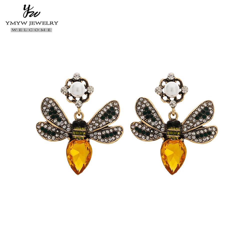 YMYW Винтажная с кристаллами хрусталя пчела висячие серьги шампанского насекомое модные вечерние ювелирные изделия для женщин