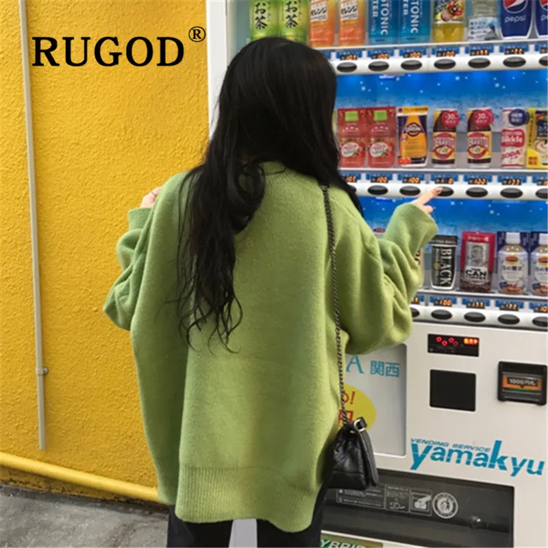 RUGOD зимний теплый однотонный зеленый пуловер женский свитер с круглым вырезом свободный Сплит длинный pull femme Модный повседневный modis корейский