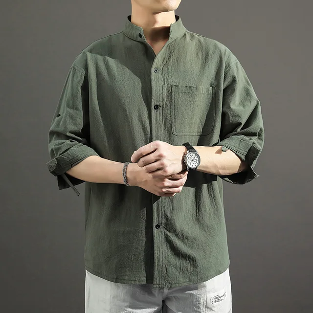 Linen Shirt Men 2020 Autumn Half Sleeve 