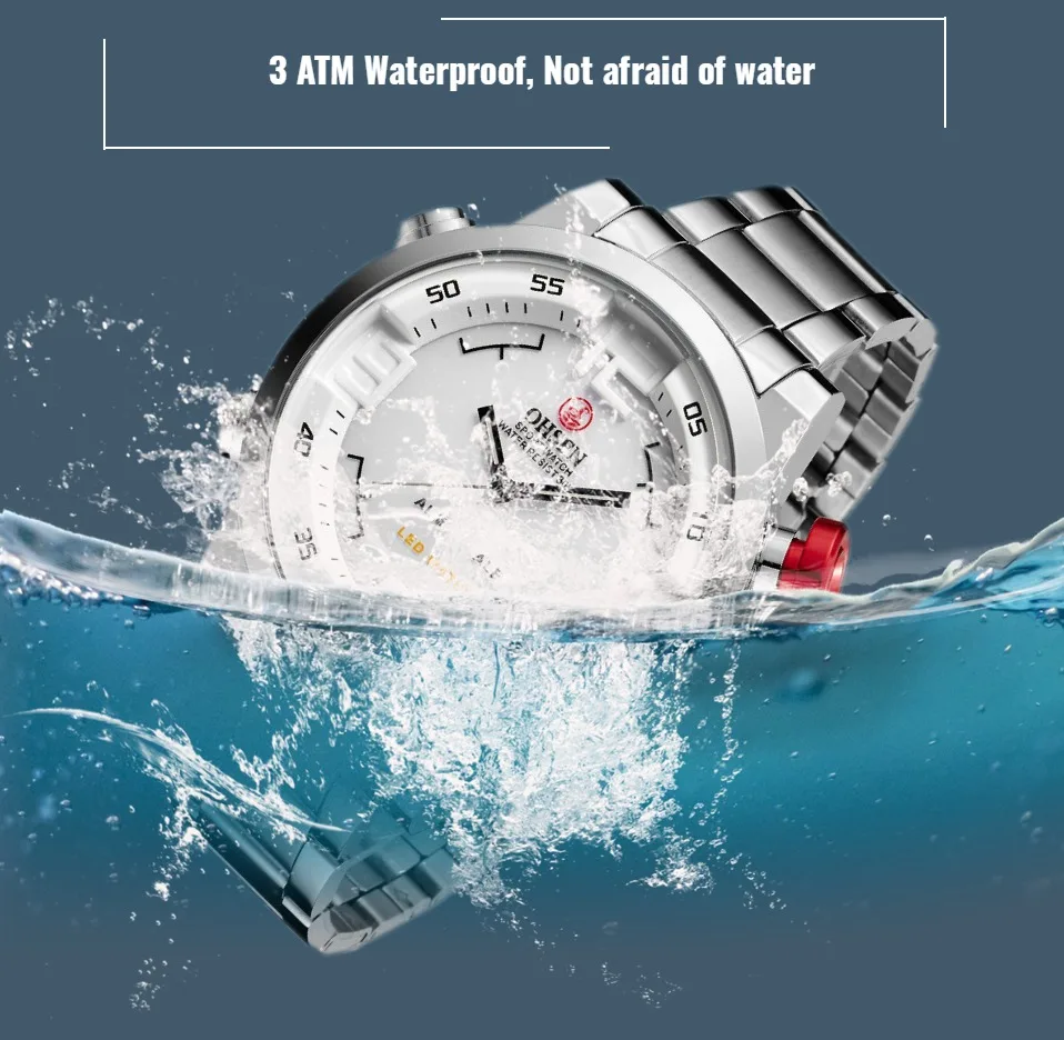 OHSEN Dual time Men Quartz Wristwatches Waterproof Black Military man Watch Fashion Sport Digital LED Clocks relogio masculino